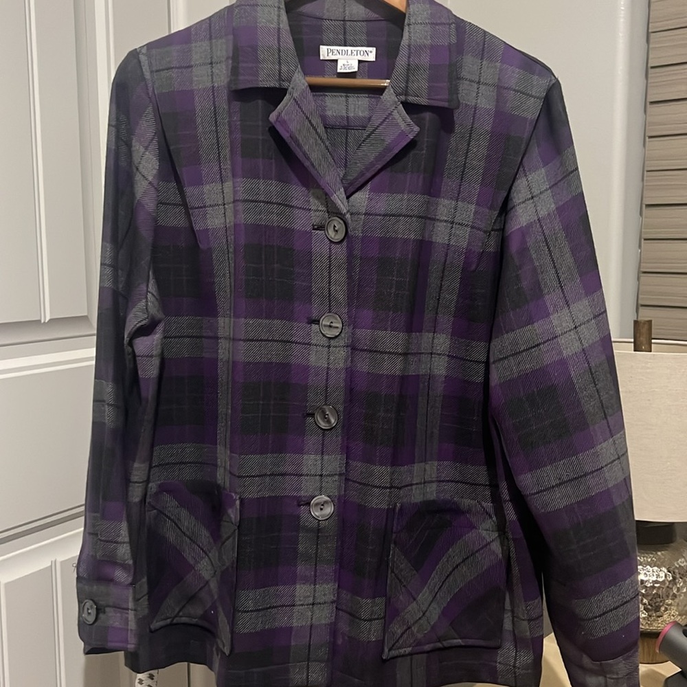 PENDLETON 49’er Women Plaid Purple & Gray Sz Large Shirt Jacket 100%Virgin Wool